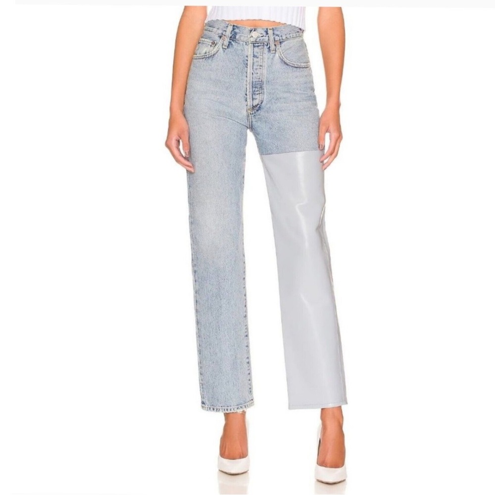 AGOLDE Pieced '90s High-Rise Leather & Denim Straight-Leg Jeans 26